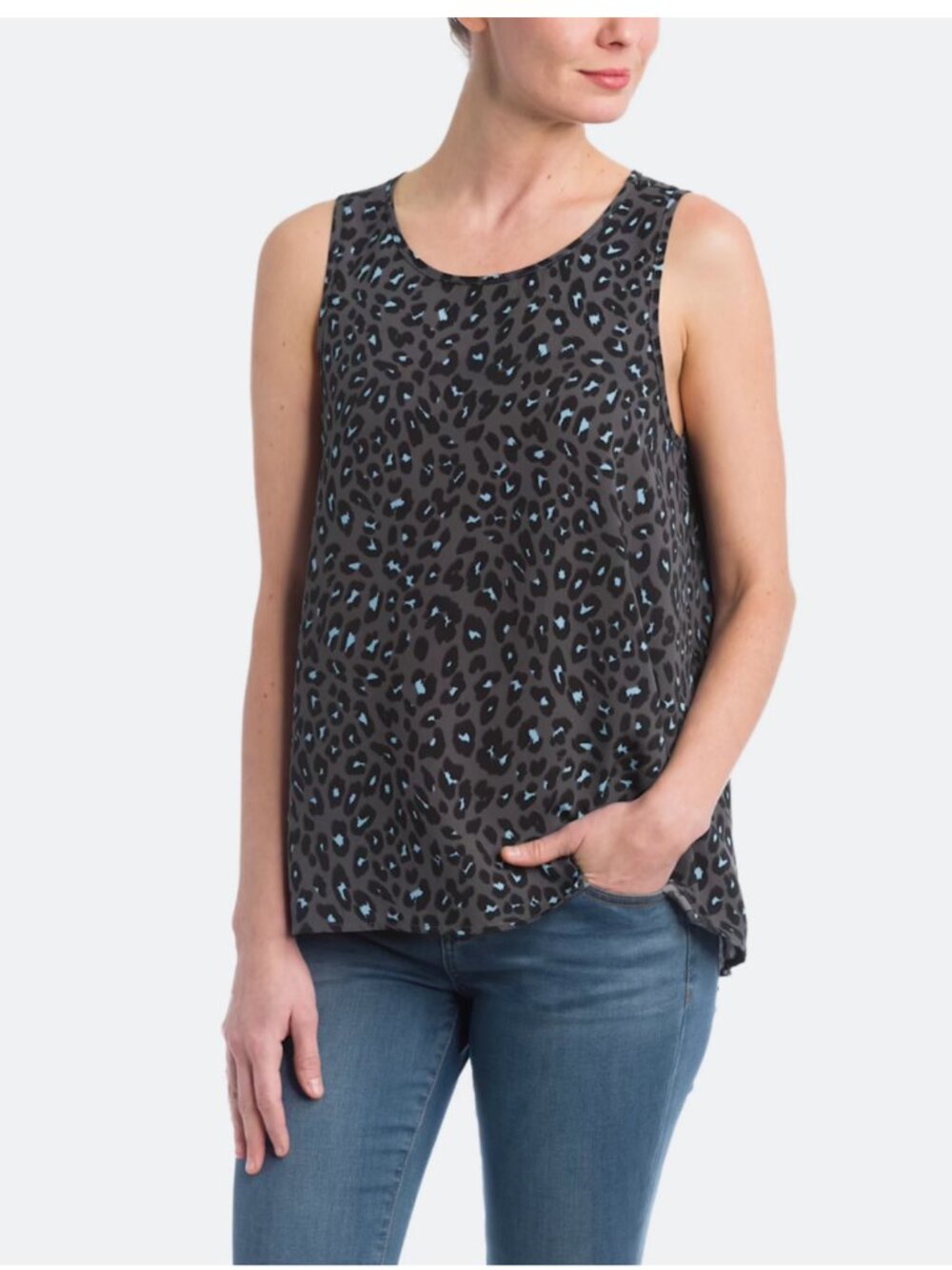 Kaileigh Jaggy Keyhole Back Sleeveless Blouse Top | Gray Blue Leopard | Sz M